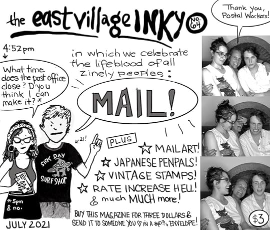 East Village Inky 64, zine cover featuring a photo booth strip, cartoons of the authors increasingly giant children, and some hints as to the wonders contained within this mail-themed special issue: Japanese penpals! vintage stamps! mail art! And much much more!