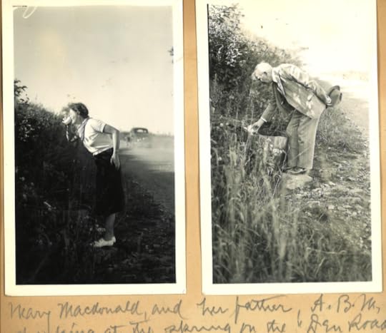 Two black and white images of the McDonalds drinking at a spring by a gravel road