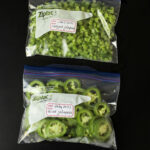 bags of chopped and sliced jalapenos for freezing.