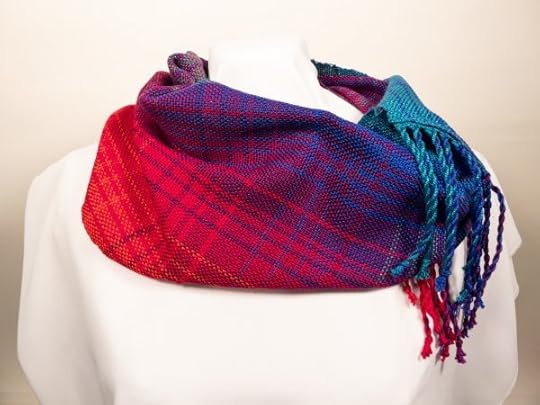 magenta, purple, and turquoise double gradient cowl woven on a rigid heddle loom