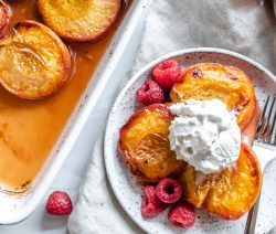 Roasted Peaches with Raspberries and Ice cream