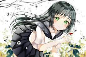 Download 2000x1326 Cute Anime Girl, School Uniform, Black Hair, Green Eyes, Blushes Wallpapers - WallpaperMaiden