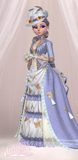 Sissi in an elaborate violet and white striped Victorian gown and hat