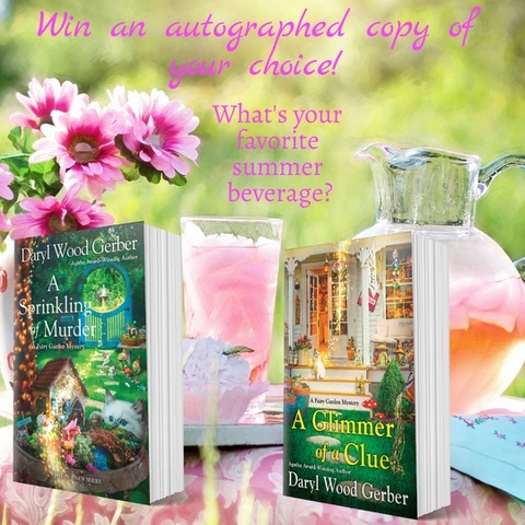 image for giveaway What's your favorite summer beverage with the two fairy garden books in the series and a pitcher of pink lemonade