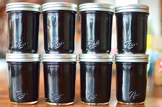 Eight half pint jars of black raspberry jam.