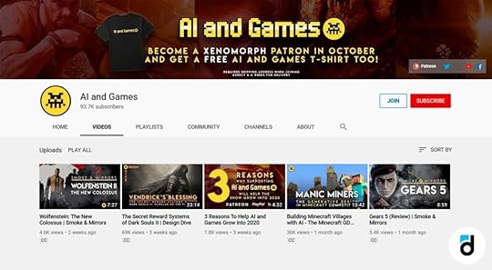 AI and Games (stylized text on a logo). Screenshot of the YouTube page for AI and Games YouTube Channel with logo and thumbnail previews of 5 videos on the channel.