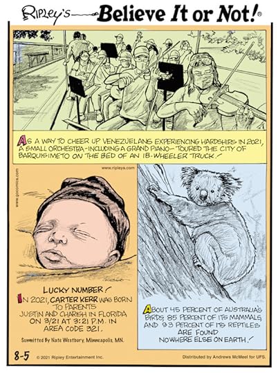 1. As a way to cheer up Venezuelans experiencing hardships in 2021, a small orchestra - including a grand piano - toured the city of Barquisimeto on the bed of an 18-wheeler truck! 2. Lucky Number! In 2021, Carter Kerr was born to parents Justin and Charish in Florida on 3/21 at 3:21 P.M. in area code 321. Submitted by Nate Westbury, Minneapolis, MN. 3. About 45 percent of Australia's birds, 85 percent of its mammals, and 93 percent of its reptiles are found nowhere else on earth!