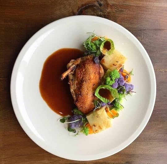 Crisp Skin Chicken Supreme at Grazie Ristorante - Potato gratin, purple & romanesco broccoli , fried brussel sprouts, carrot puree, demi glace.