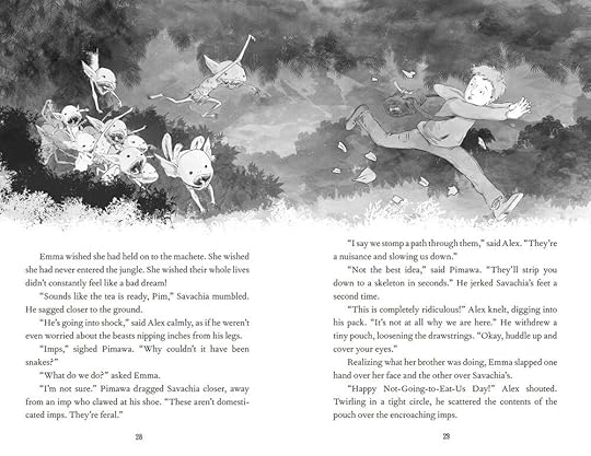 Two page spread illustration from Chapter 3 of “The Conjurers” Middle Grade Fantasy