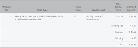 This image shows a screenshot from Ingram's price calculator. It displays that unit selling price per book of this size is $11.51. Handling fee is $1.99. Shipping for one book is $4.05. The total to print and ship a single book of this size is $17.55.
