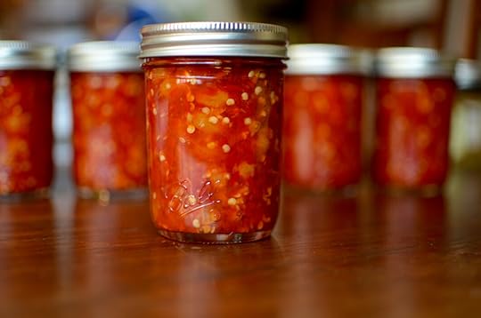 Close up of a finished jar of chili sauce