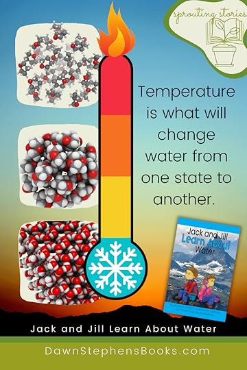 Temperature is what will change water from one state to another . Molecules separate and move more freely the hotter the temperature. Jack and Jill Learn About WAter is a resource from DawnStephensBooks.com that teaches children about Water in the the three states of matter