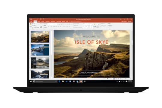 Lenovo ThinkPad X1 Extreme Gen 4 open, facing the camera, on a white background. The screen displays a Powerpoint slide advertising the Isle of Sky.