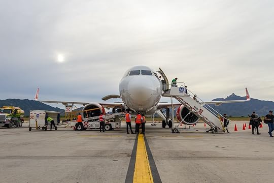 Baja California Sur / Mexico - January 31 2020: Front of passengers airplane in the local airport of the small town of cabo san lucas. This place is visited by many americans along the year, travel to Mexico