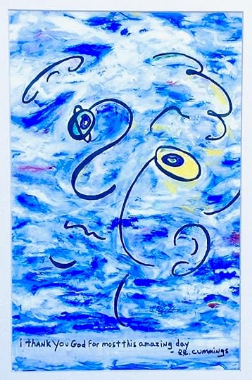 A painting of abstract white clouds and blue sky with facial elements drawn on top and the words written at the bottom,