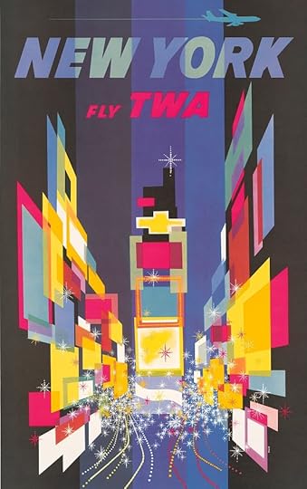 Times Square, circa 1920, painted in blocks of yellow, reds and white, with a dark blue sky.