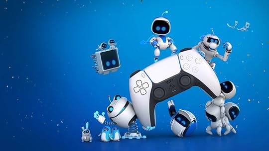 White and black Playstation 5 controller with Astro (white, black and blue robot) and other robotic characters surrounding the robot on blue background.