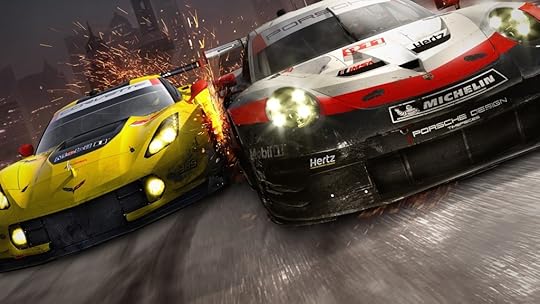 Picture of two racing cars, one yellow and one white, red, and black rushing towards the viewer on a gray track with yellow sparks flying off them as they make contact.
