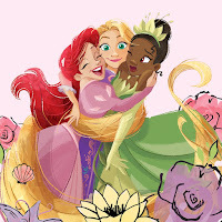 Ariel pulls Tiana and Rapunzel in for a hug