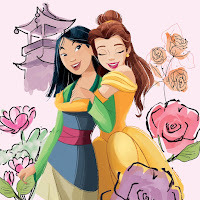 Belle hugs Mulan from behind