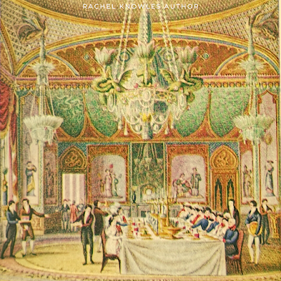 A banquet at the Royal Pavilion, Brighton from the coloured lithograph by J Nash in Life in Regency and Early Victorian Times by EB Chancellor (1926)