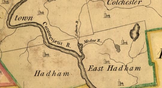 18th century map showing two main rivers with town names, but mostly empty, on brown paper