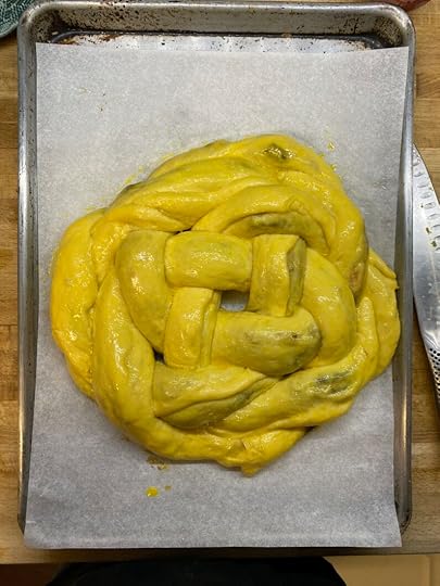An unbaked loaf of filled challah, after the second rise, ready for the oven.