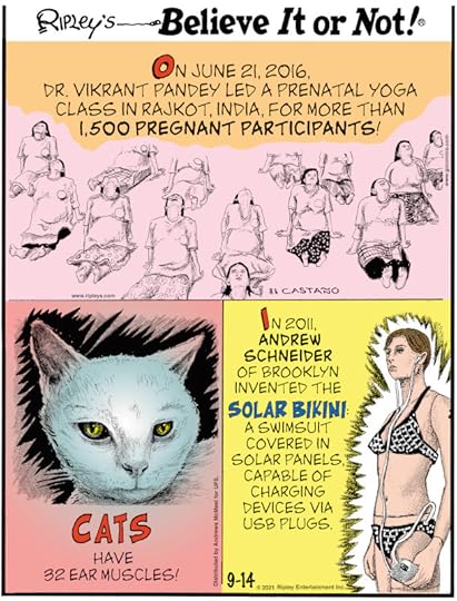 1. On June 21, 2016, Dr. Vikrant Pandey led a prenatal yoga class in Rajkot, India, for more than 1,500 pregnant participants! 2. Cats have 32 ear muscles! 3. In 2011, Andrew Schneider of Brooklyn invented the Solar Bikini: a swimsuit covered in solar panels, capable of charging devices via USV plugs.