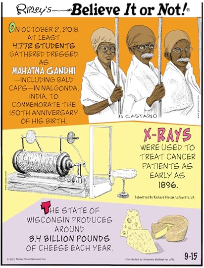 1. On October 2, 2018, at least 4,772 students gathered dressed as Mahatma Gandhi - including bald caps - in Nalgonda, India, to commemorate the 150th anniversary of his birth. 2. X-rays were used to treat cancer patients as early as 1896. Submitted by Richard Gibson, Lafayette, LA. 3. The state of Wisconsin produces around 3.4 billion pounds of cheese each year.