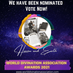 Image shows the cover of the Heaven and Earth tarot and that it's been nominated for an 2021 world divination association award