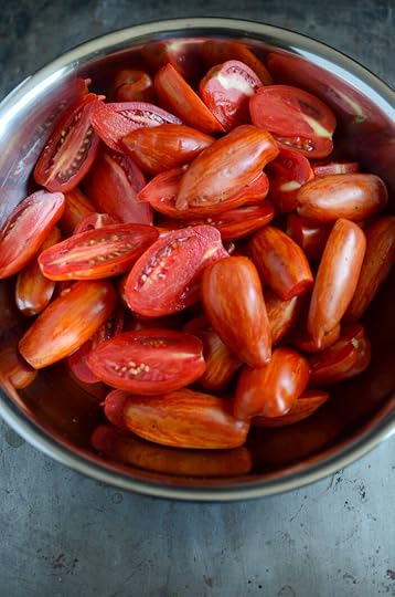Stripy heirloom tomatoes, cut in half.