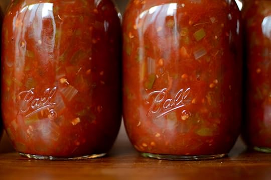 Close of up two finished pint jars of zesty salsa