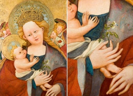 Мадонна с цветком гороха, поздний 14 век. Белый цветок гороха считался символом девственности, а само растение с его бобами, защищёнными внешней оболочкой — символом здоровой беременности и плодородия {3}