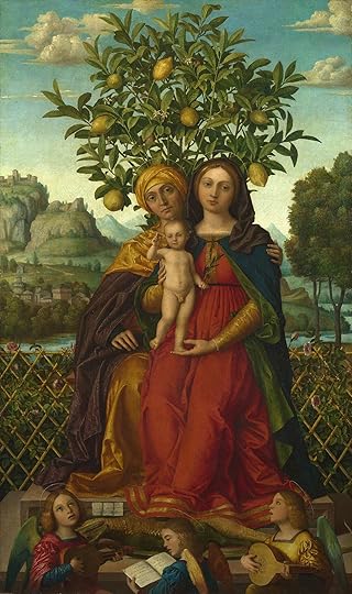 Girolamo dai Libri, "Virgin and Child with St Anne", between 1510 and 1518, National Gallery, London. Особенно часто Мадонну можно увидеть в окружении цитрусовых, а именно лимонов. Цитрусовые являлись символом вечной жизни, но также принесли человечеству грех и смерть, символизируют добродетель и чистоту, плодородие и любовь. В Библии запретный плод дерева познания остаётся безымянным. Христианство склонно отождествлять его с яблоком. Но есть и знаменитые исключения. В христианском искусстве Ян ван Эйк считается первым художником, который отнес цитрусовые к Древу познания и изобразил это для Гентского алтаря (1432). {4}