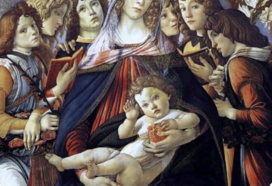 Мадонна придерживает рукой жертвенный гранат — сердце Христово — грустно предвкушая ту жертву, которую принесёт её сын.