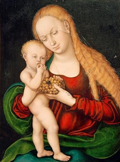 Здесь Мадонна уже виноград младенцу предлагает — ничего раньше в младенческих коликах и сырых продуктах для новорожденного желудка не понимали. На Последней вечере Иисус Христос назвал виноград Своим Телом и Кровью. Он символизирует тесную связь между Христом и верующими и указывают на святое причастие. Гроздья винограда означают прощение и ожидание вечности. {6} Madonna mit Kind, das von der Weintraube naschtCranach, Lucas d. Ä. 1472–1553.“Madonna mit Kind, das von der Weintraube nascht”, Wittenberg, nach 1537.Mischtechnik auf Holz, 77,3 × 56,7 cm.Burg Eltz, Dr. Karl Graf von und zu Eltz-Kempenich.