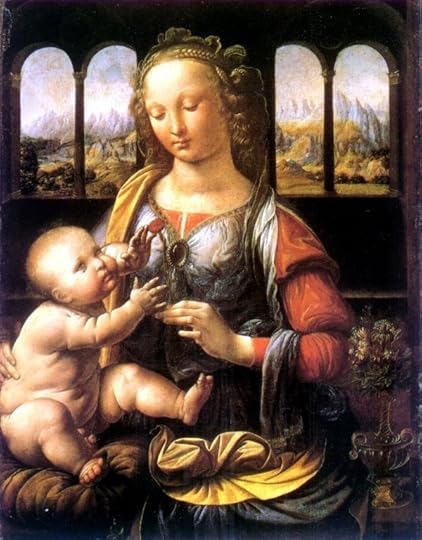 Леонардо да Винчи уже совсем отбросил лилии, имея точное представление о женской анатомии, и сразу изобразил Мадонну с гвоздикой, которую она дарит сыну. Madonna mit der Nelke, um 1478 bis 1480; 62 x 48 cm; München (Alte Pinakothek)