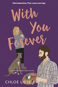 illustrated cover in purple with pink titles, a blonde woman holding a kitten and with a greyhound leaning against her leg in the background and a bearded lumberjack type white guy holding an artist's pallette in the foreground