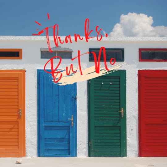 Photo of four brightly colored wooden doors, with small windows above. Text reads: 