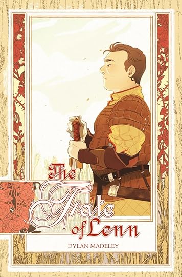 A man of stocky build in lamellar armour stands near a wheat field pensively holding an inverted sword; side profile view. The stylized words