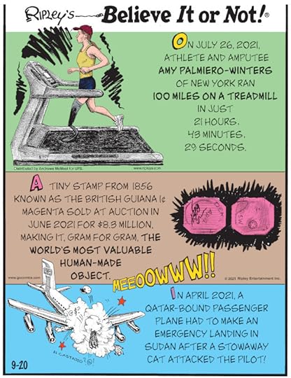 1. On July 26, 2021, athlete and amputee Amy Palmiero-Winters of New York ran 100 miles on a treadmill in just 21 hours, 43 minutes, 29 seconds. 2. A tiny stamp from 1856 known as the British Guiana 1¢ magenta sold at auction in June 2021 for $8.3 million, making it, gram for gram, the world's most valuable human-made object. 3. In April 2021, a Qatar-bound passenger plane had to make an emergency landing in Sudan after a stowaway cat attacked the pilot!
