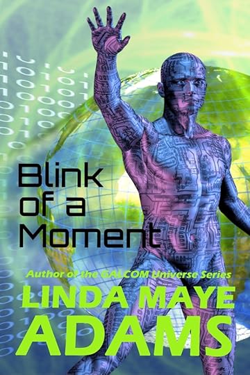 A computerized man against binary code background for a time travel story called Blink of a Moment