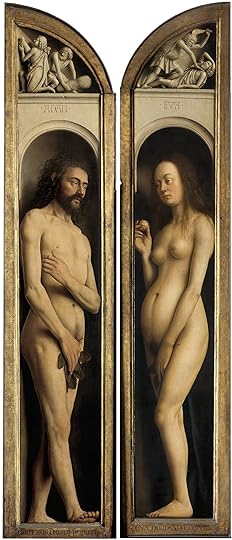 Ян ван Эйк не останавливается только на внешнем облике даже когда речь идет об Адаме и Еве. Боковые крылья Гентского алтаря, 1432.