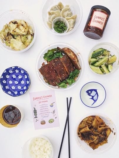 Sunny’s Chinese Shaanxi-Inspired Menu April 2021: Lamb Ribs, Charred Cabbage, Fresh Belt Noodle, Smacked Cucumber Salad, Beef and Chive Dumpling, Steamed Jasmine Rice.