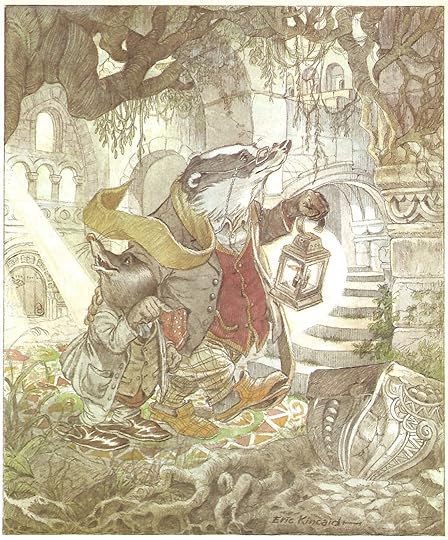 Например, в этой иллюстрации Эрика Кинкейда к "Ветер в ивах" крот только чуть-чуть меньше барсука. Иллюстрации полностью подчиняются концепту книги, а не натуральным пропорциям в живой природе.