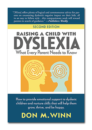 Cover of Raising a Child with Dyslexia: What Every Parent Needs to Know by Don M. Winn. Cover shows the silhouetted heads of a parent and child facing each other. Instead the brain area of each silhouette is an outline of a maze. The two mazes are connected by a white line leading to the center of the brain maze of the parent and child.