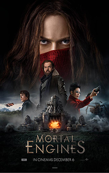 Image of a red masked teen girl with a man, a teen boy, and a mysterious freedom fighter in the background with at massive city on wheels at the bottom with the words 