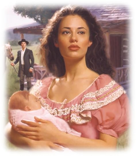 Close-up of Elise holding her baby, and Benjamin standing beside a horse in the background