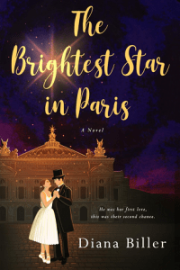 Illustrated cover with a white M/F couple,she's wearing a white knee length ballet costume, he's wearing a top hat and a black suit, they are dancing outside the facade of an historial building (probably a theatre/opera), the titles are lit up like stars in the night sky