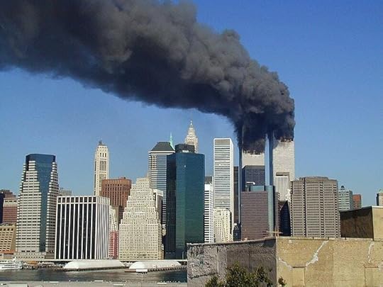 Black smoke billowing over Manhattan from the Twin Towers